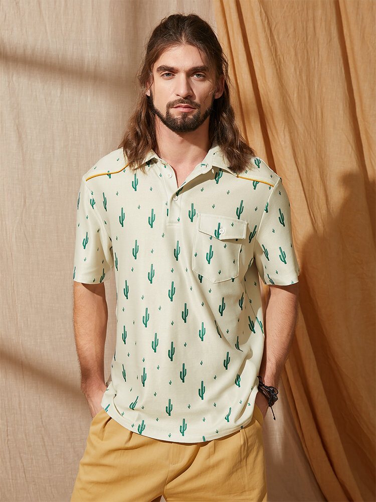 

Men Pockets Cactus Print Contrast Lining Soft Polos Shirts