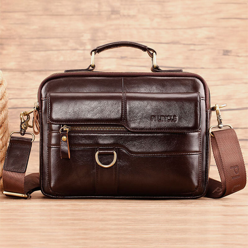 Men Genuine Leather Multi-pocket Crossbody Bags Large Capacity Retro 6.5 Inch Phone Bag Briefcase Shoulder Bag Handbag