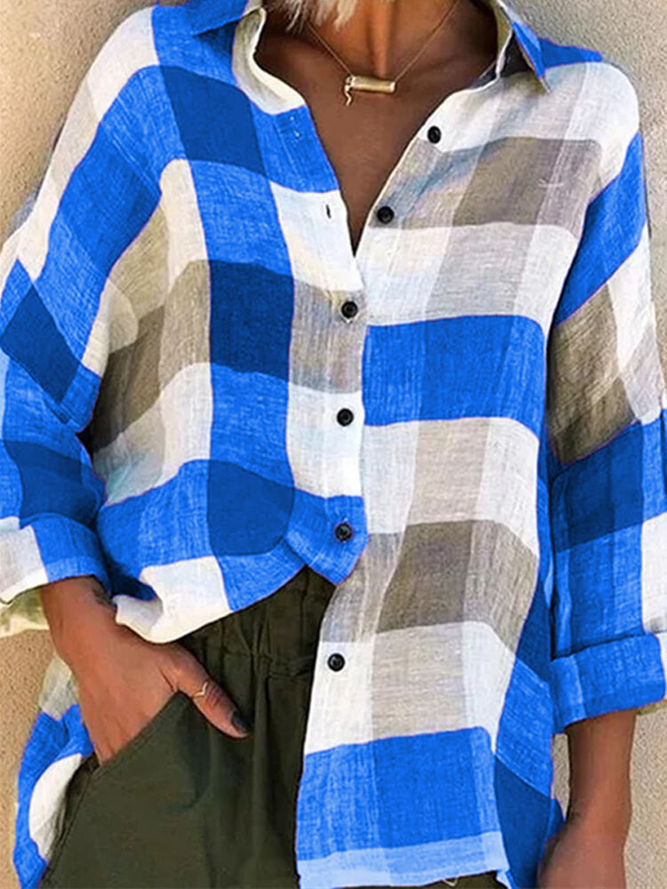 Women Plaid Button Up Lapel Loose Casual Long Sleeve Shirts