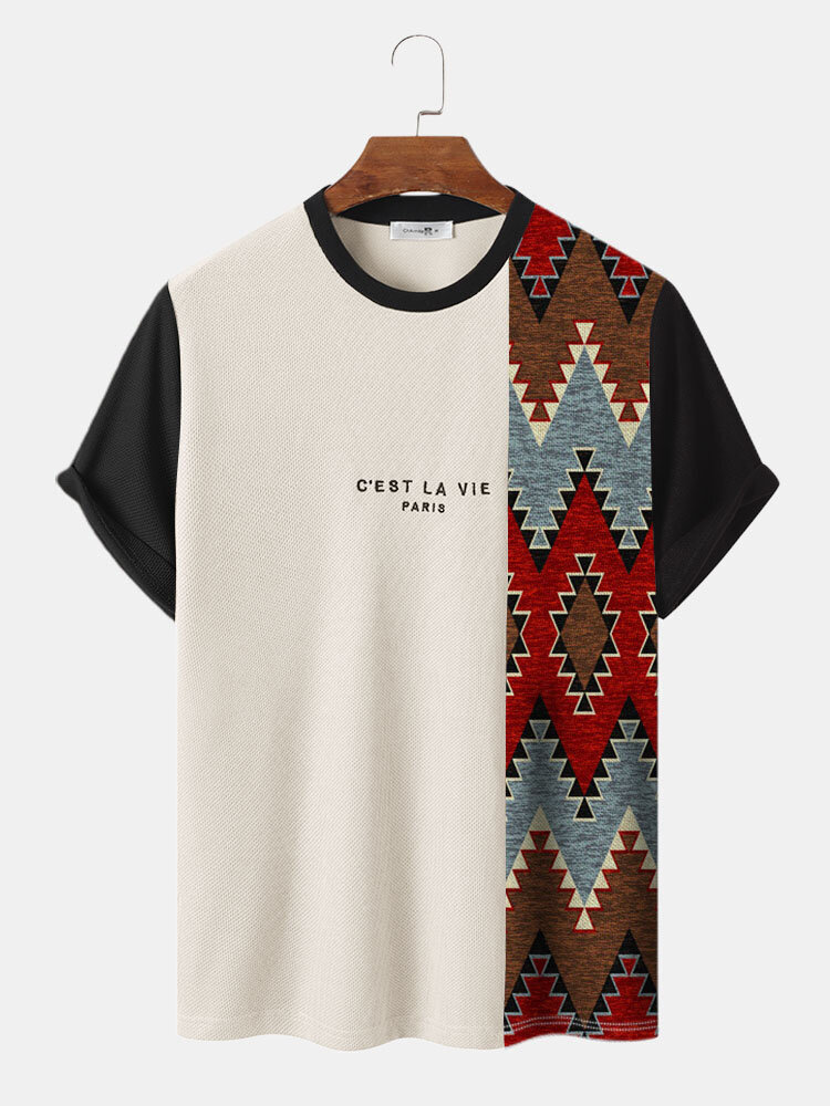 Heren vintage geometrisch letterpatroon patchwork gebreide T-shirts met korte mouwen