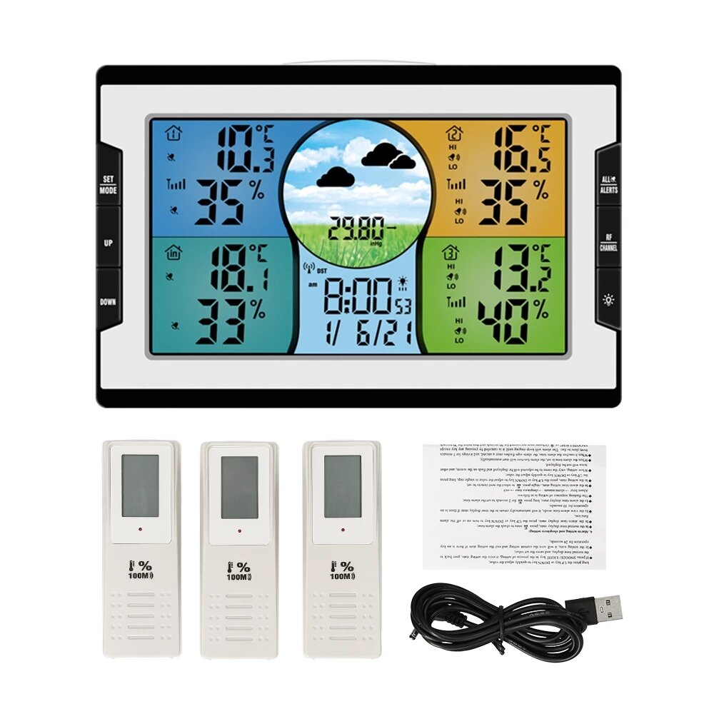 RF 3 Channels Wireless Weather Station Temperature and Humidity Digital Clock with Warning Alarm Met