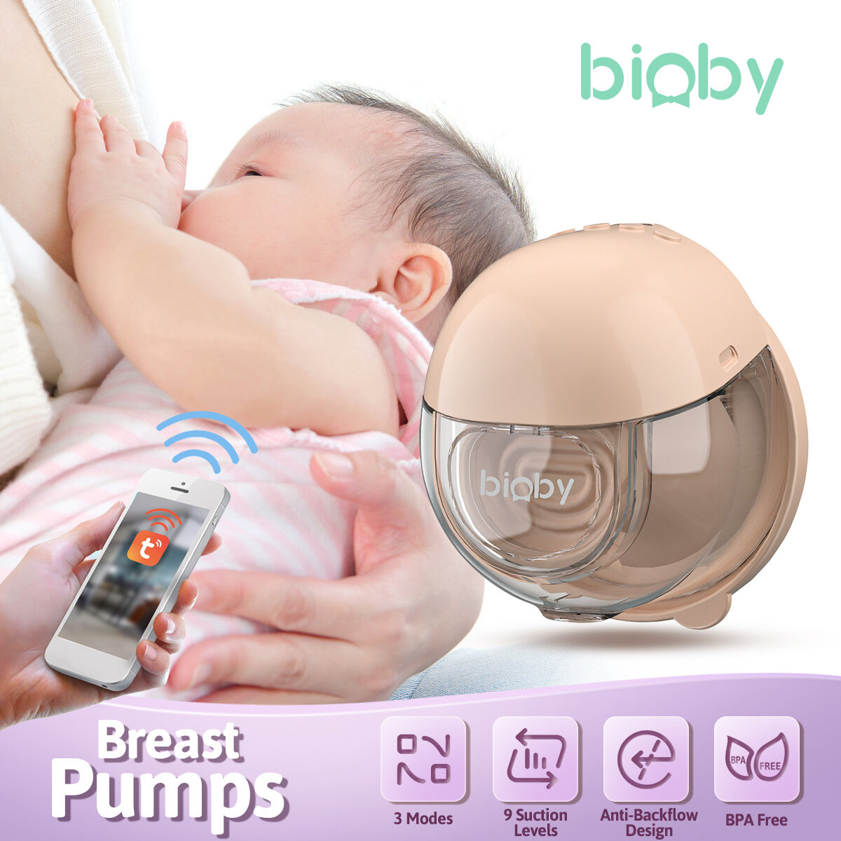 Bioby Elektrische Borstkolf Bluetooth Hand Gratis Draagbaar Draagbaar BPA-vrij Comfort Melk Extracto