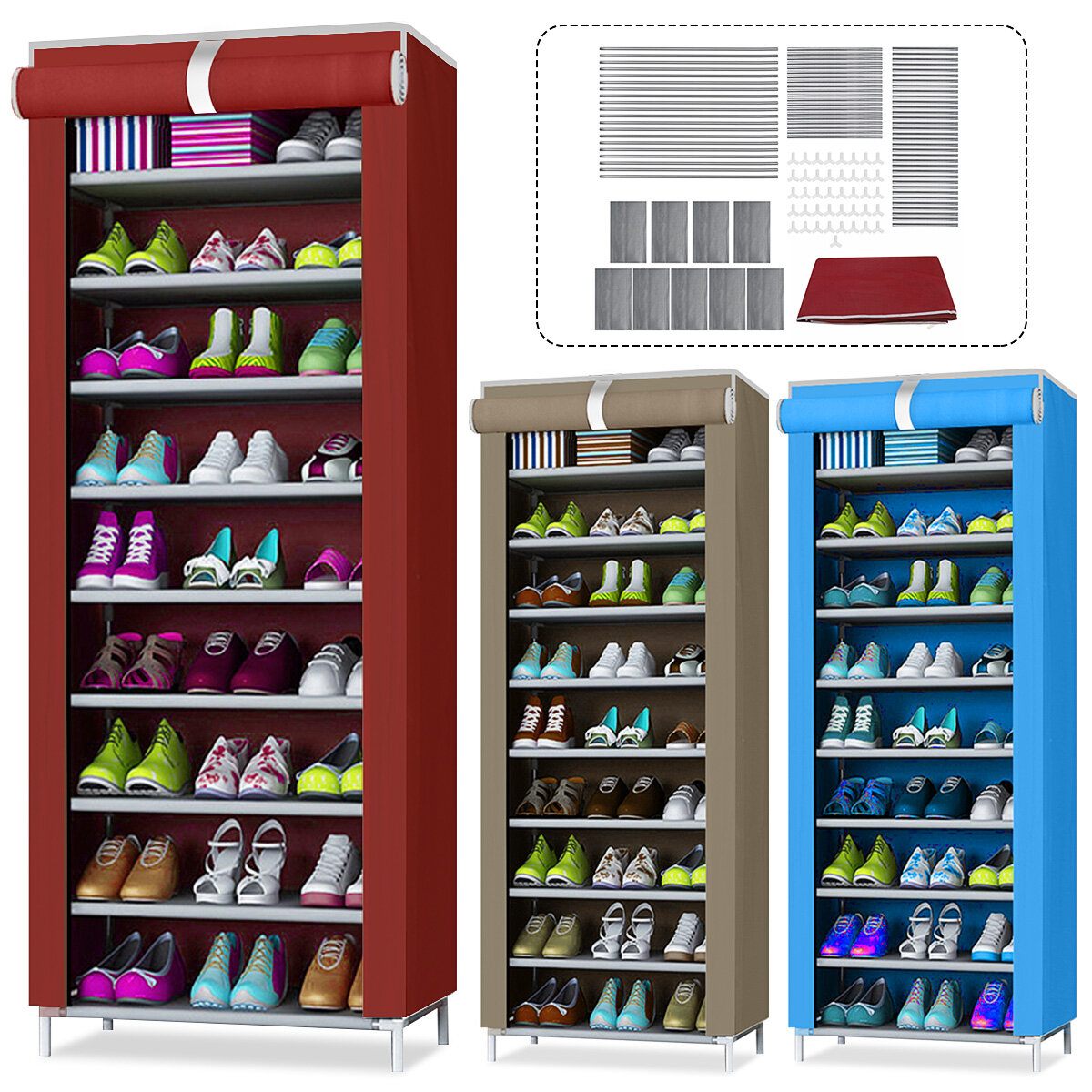 10 Tiers Shoe Rack Home Wall Wall Closet Shoe Storage Cabinet Organizer with Dustproof Cover
