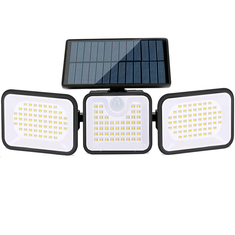 Luzes solares de parede com três cabeças e sensor de movimento ao ar livre Luzes de inundação de LED de 180 ajustáveis Cabeças ajustáveis a 270° Iluminação solar com ângulo amplo
