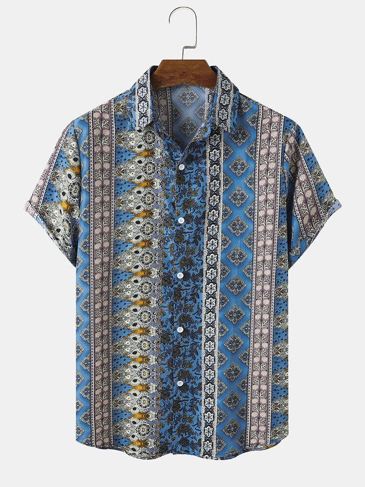 Men Ethnic Print Patchwork Short Sleeve Graceful Lapel Hawaii Style Shirts