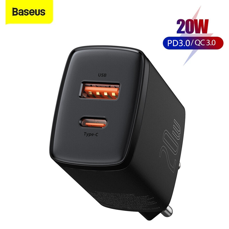 Baseus 20W USB-C PD 18W USB-AQC3.0急速充電ウォールチャージャーEUプラグアダプターforiPhone 12 / for iPhone 12 Pro Max for Samsung Galaxy S21 Note S20 ultra Huawei Mate40…