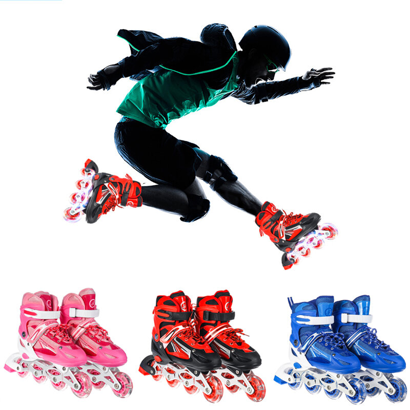 Professionele verstelbare inline skates sneakers rollerbladen met 1 knipperende wiel beschermingsset voor kinderen tiener volwassene