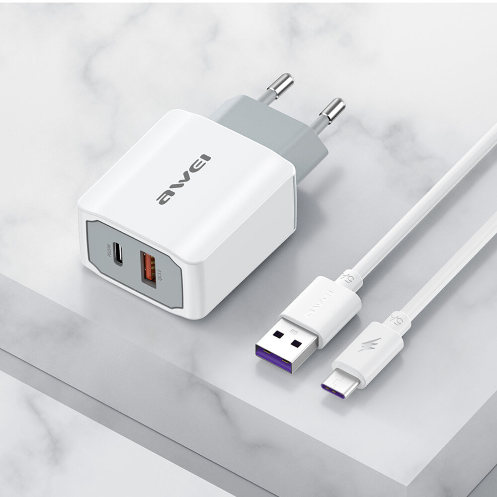 AWEI PD4 Dual Port USB Charger 20W USB-C PD + USB-A QC3.0 Ondersteuning FCP Snel Opladen Voor iPhone