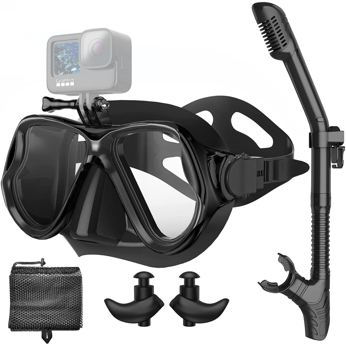 Snorkeling Gear For Adults 3 in 1 Adult Snorkel Set with Camera Mount &Earplugs 100% Dry Top Anti-Fog No Leak Professional Snorkel Mask Women&Men Swimming Scuba Diving