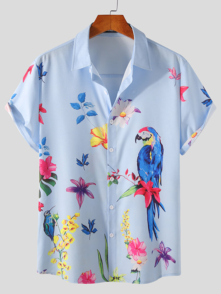 Men Birds & Flower Buttons Short Sleeve Lapel Casual Breathable Shirts