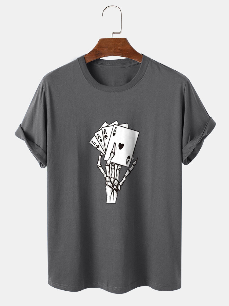 Heren Poker Skeleton Hand Graphics Street 100% katoenen T-shirt met korte mouwen