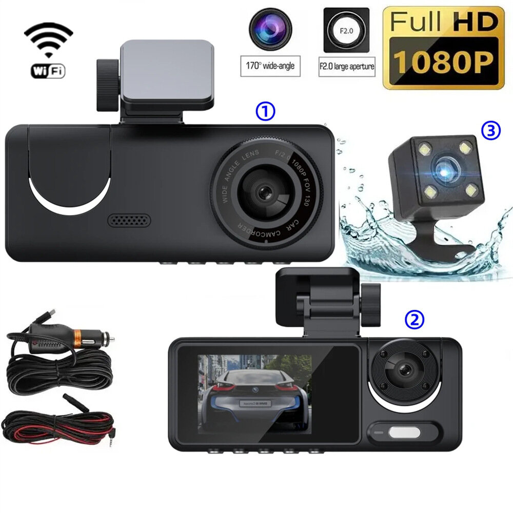 

3 Lens Car Driving Recorder Dash Cam 1080p HD Night Vision 2.0 Inch Hidden Three-Record Car Camera with 64G Memory Card
