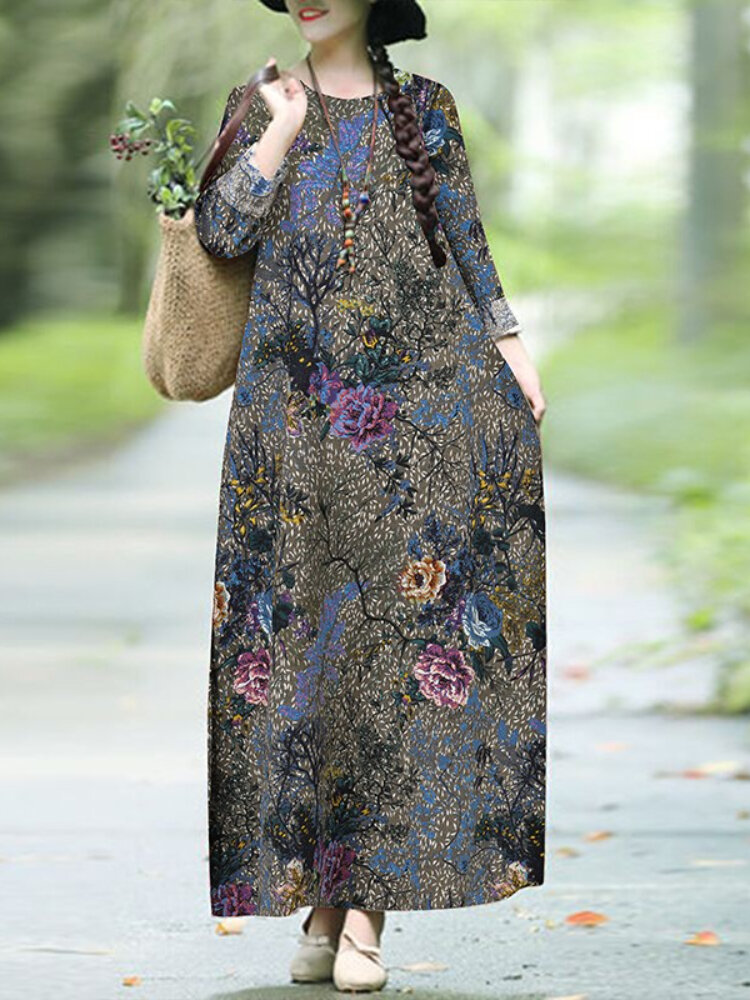 Plant Flower Print Round Neck Long Sleeve Casual Maxi Dress