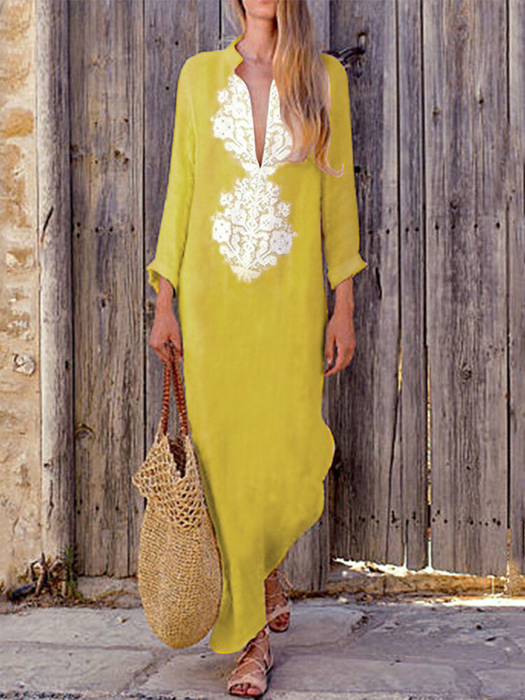 Womens Summer Floral Print V-neck Long Sleeve Split Long Maxi Dress