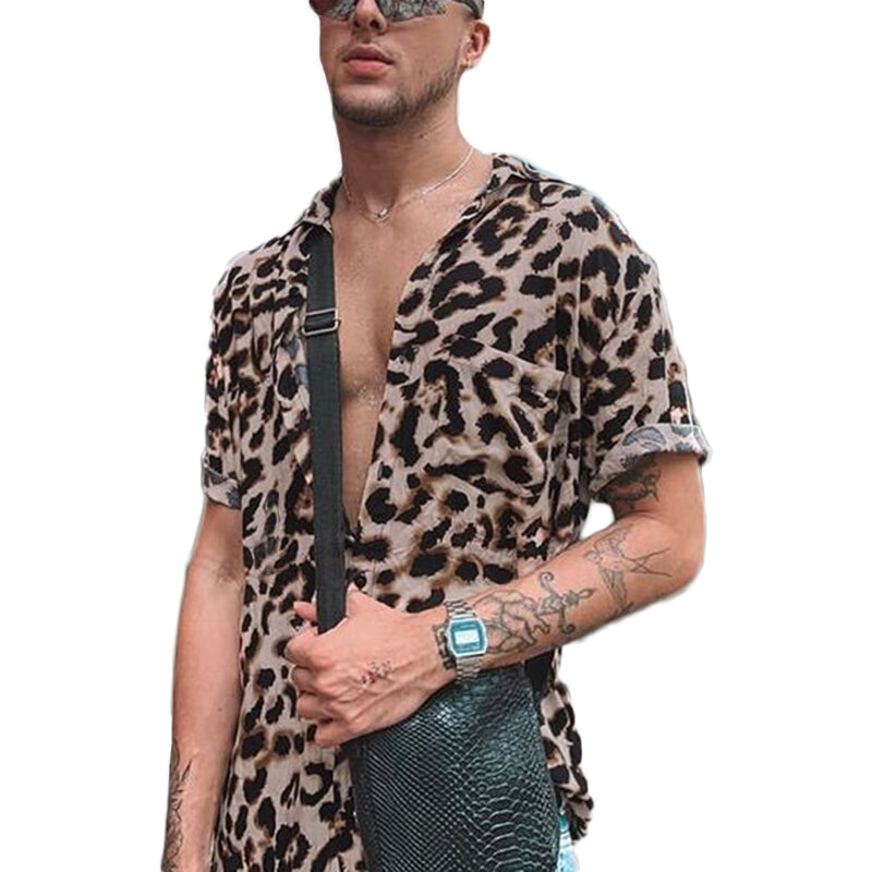 OUTDOOR Camicie estive con stampa leopardata Moda Uomo Camicia a maniche corte con risvolto Camicetta floreale casual Uomo Top da spiaggia hawaiano