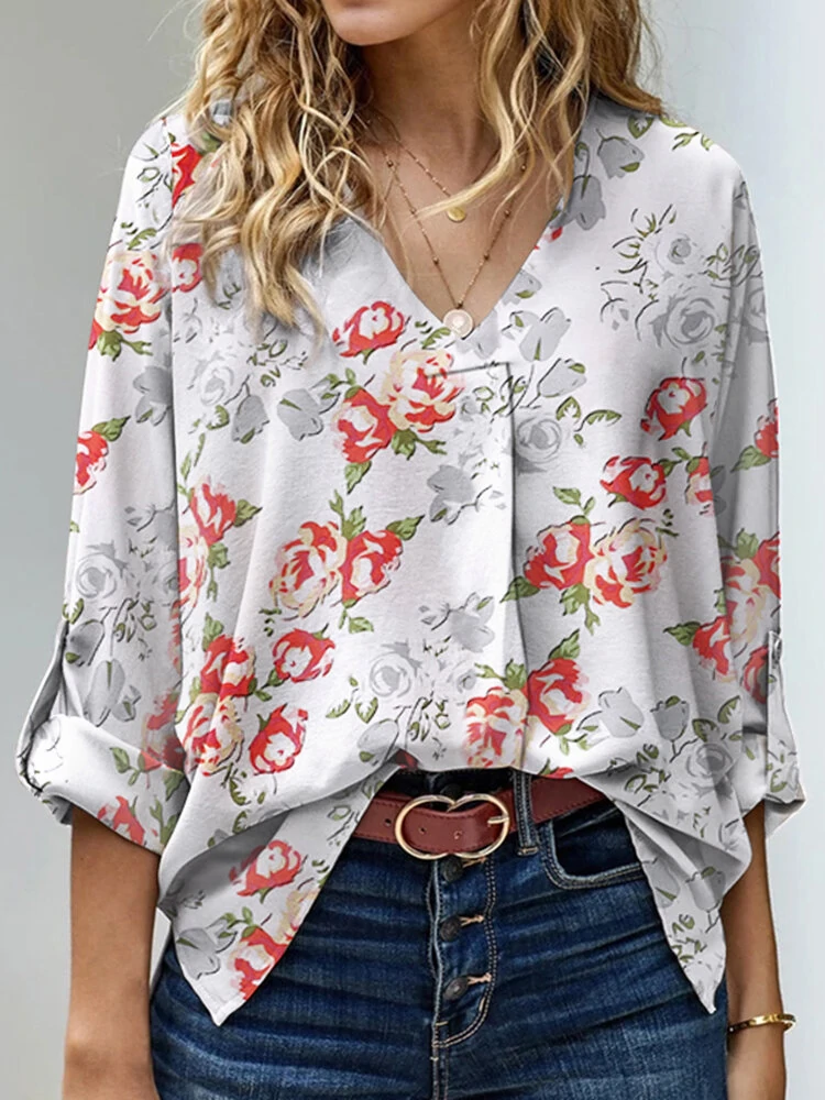 Women bohemian floral printed button cuffs v-neck adjustable sleeve shirts