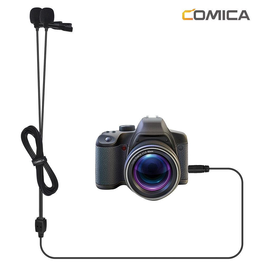 

Comica CVM-D02 4.5m Dual-head Lavalier Microphone Clip-on Mini Omnidirectional Condenser Mic Interview Microphone for So