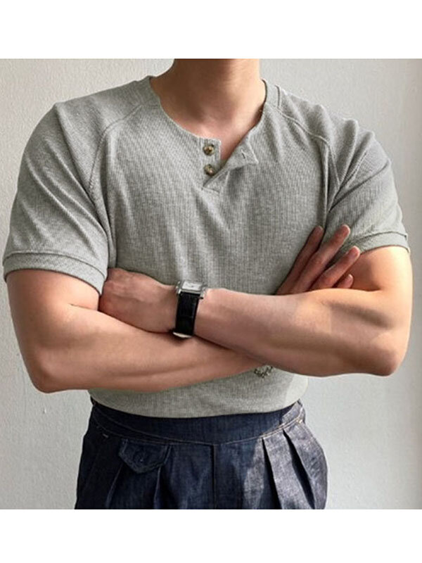 Mens Plain Two-button Short Sleeve Summer Casual T-Shirt