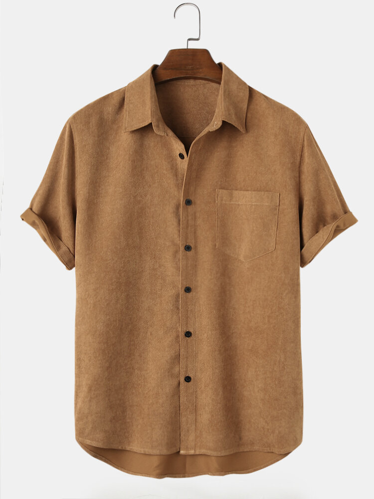 

Mens Basic Solid Corduroy Chest Pocket Lapel High Low Hem Short Sleeve Shirts