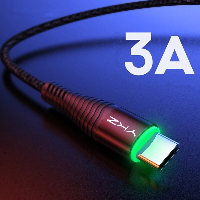 

YKZ LED USB Type-C 3A Fast Charging Data Cable for Samsung Galaxy Note S20 ultra Huawei Mate40 for OnePlus 8 Pro
