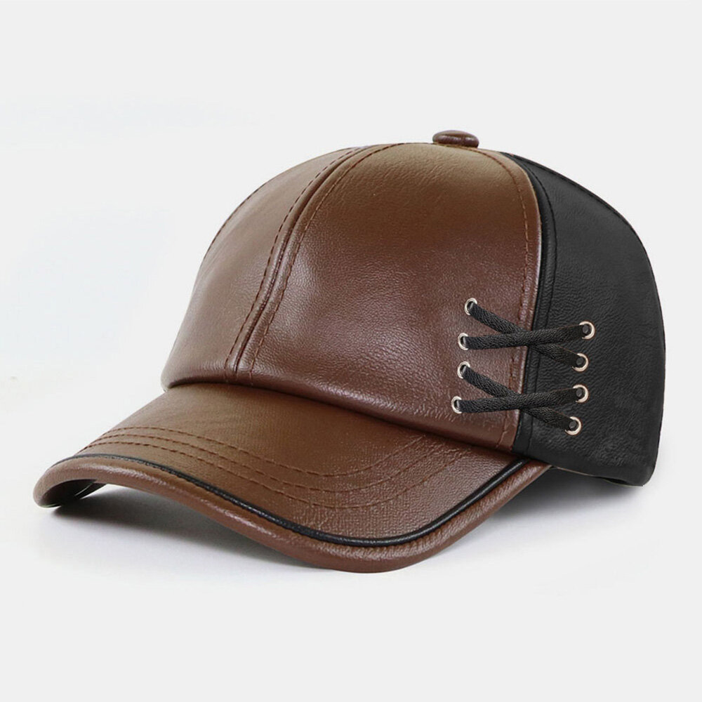 

Men Dome Wide Brim Adjustable Baseball Cap PU Leather Winter Outdoor Protection Windproof Warm Hats
