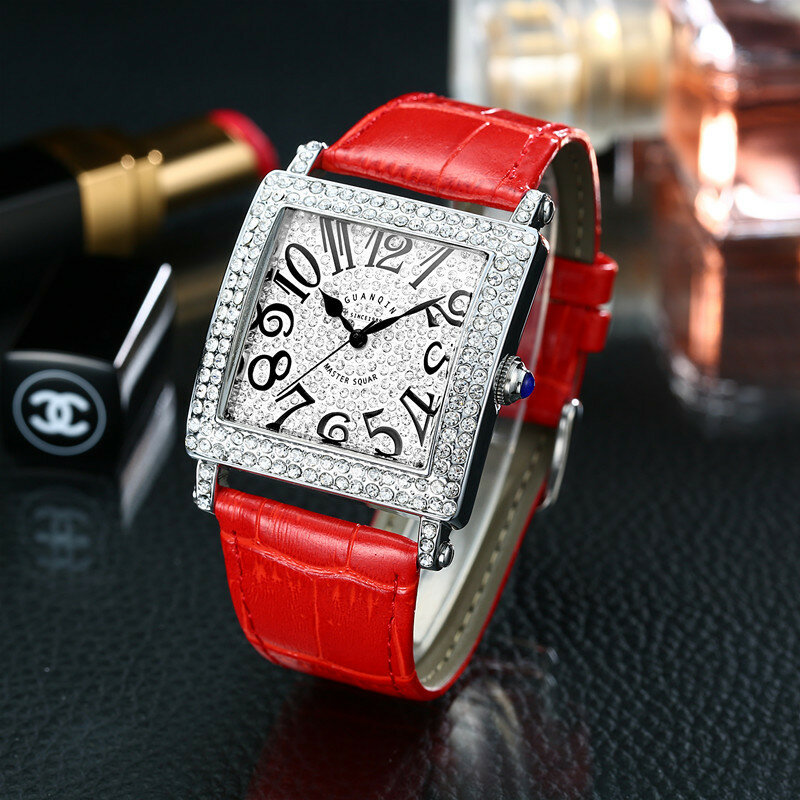GUANQIN 19118 Diamond Rectangle Unisex Wrist Watch Ultra Thin Genuine Leather Band Quartz Watch