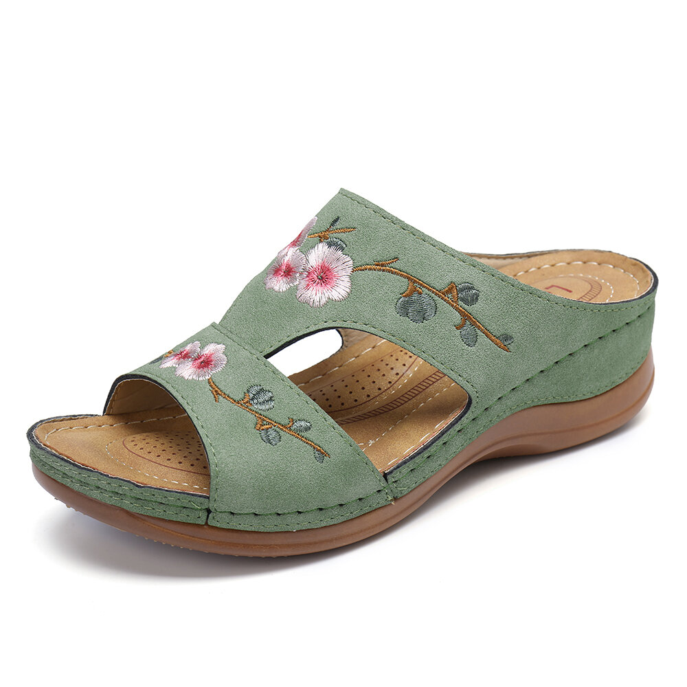 LOSTISY Women Flower Embroidery Open Toe Casual Summer Wedge Sandals
