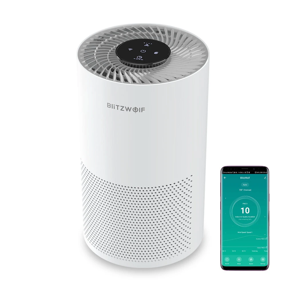 BlitzWolf®BW-AP1 Smart Air Purifier 220m³/h CADR 26dB Quiet Air Cleaner,Removes Allergies, Smoke, Dust, Mold, Pollen, Pet Dander, Activated Carbon Eliminates Odors and Deodorizes HEPA Filter with Night Light APP Remote Control