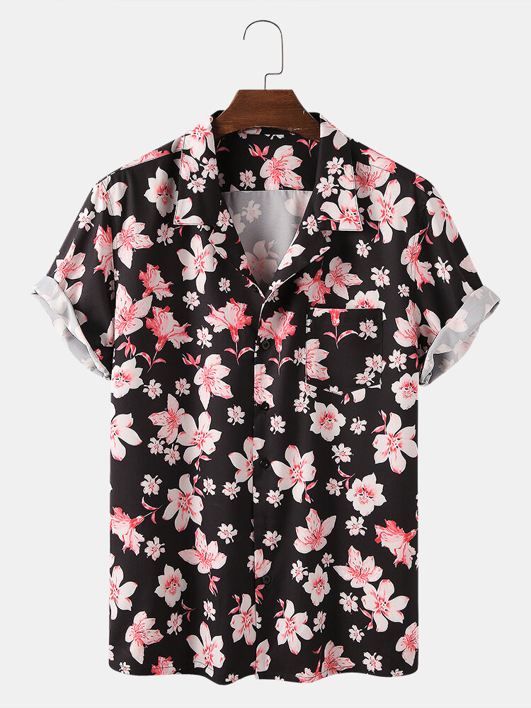 Mens peach blossom floral print short sleeve holiday breathable shirts ...