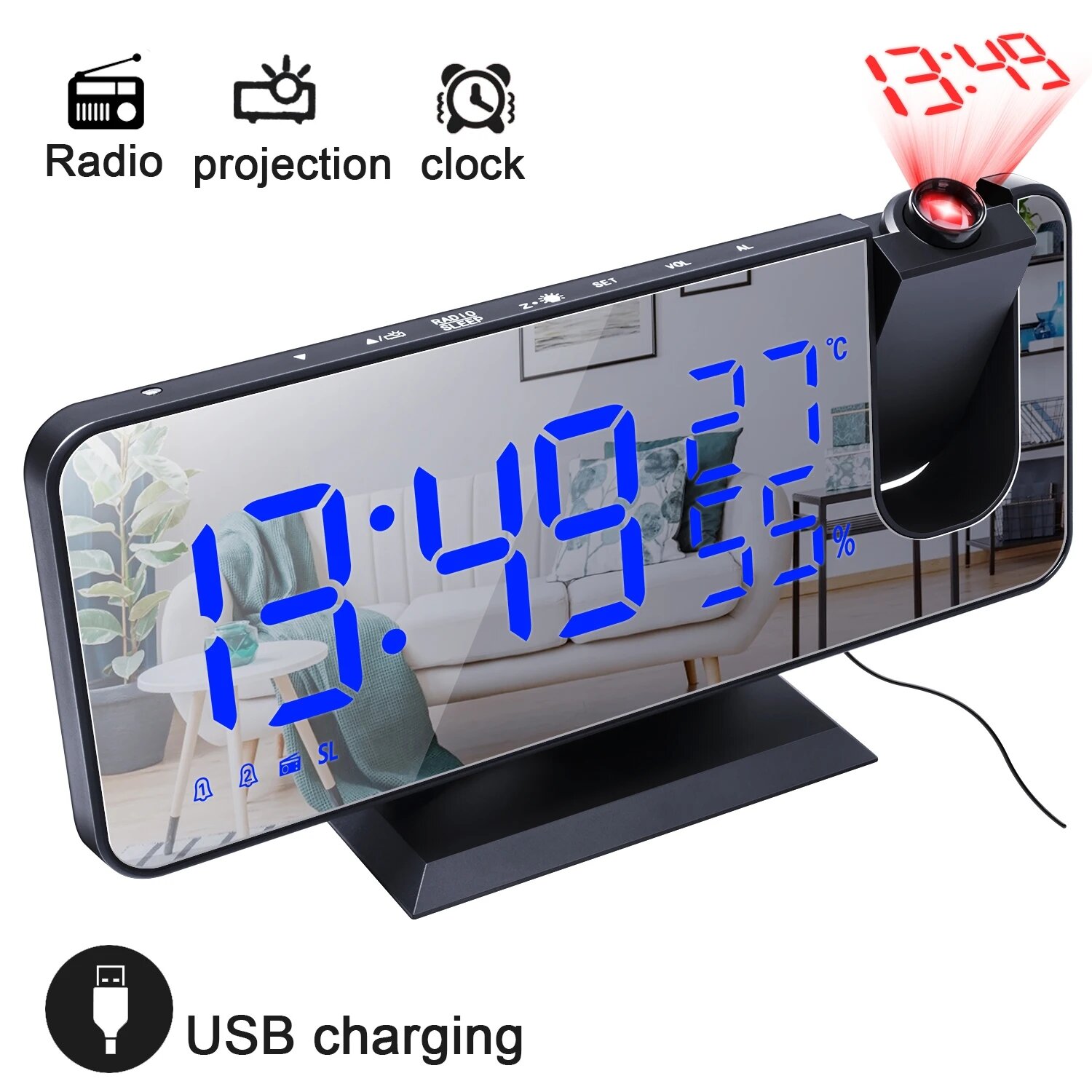 

LED Mirror Alarm Clock Big Screen Temperature and Humidity Display with Radio and Time Projection Function Electronic Cl