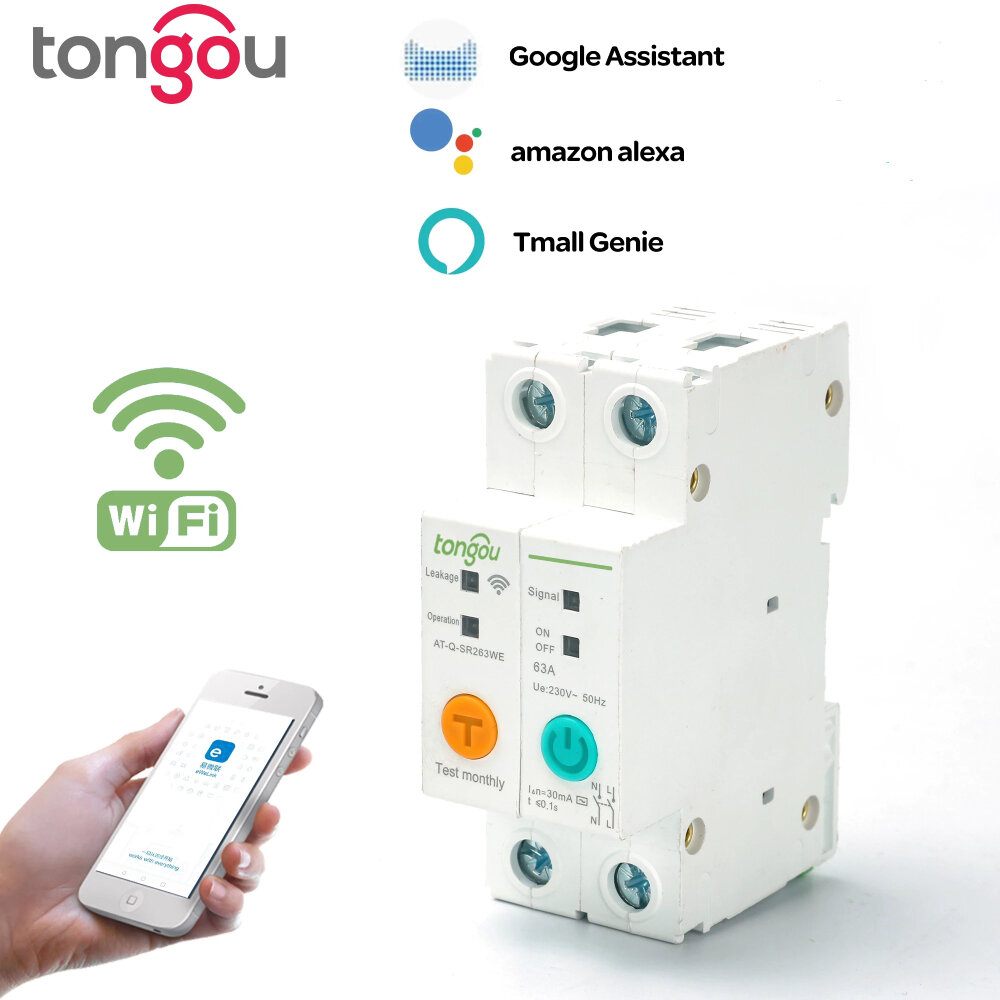 

Tongou 2P 63A DIN Rail Energy Meter Kwh Metering Monitoring WIFI Circuit Breaker Smart Switch Remote Control by Ewelink