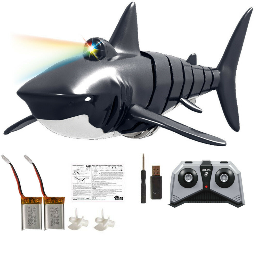 Eachine EBT01 Remote Control Shark Toy Pool Toy with LED Light and Several Batteries 2.4G 4CH Electric High Simulation Shark Bath Toy Waterproof RC Boat Great Gift for 3-10 Year Old Boys and Girls