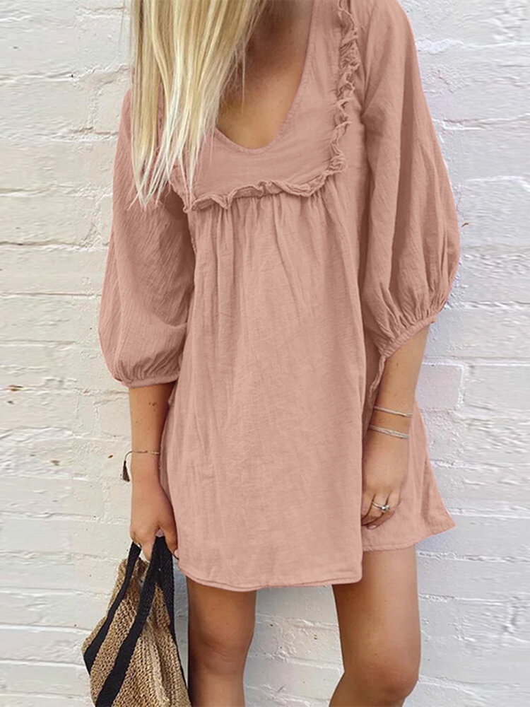 Women Solid Color Puff Sleeve V-Neck Cotton Dresses