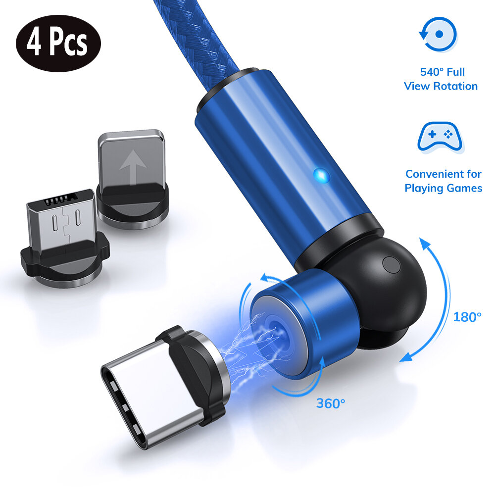 [4Pcs Blue] TOPK AM68 3 In 1 Magnetic Cable 540° Rotation Elbow LED Indicator Fast Charging Data Transmission Cord Line