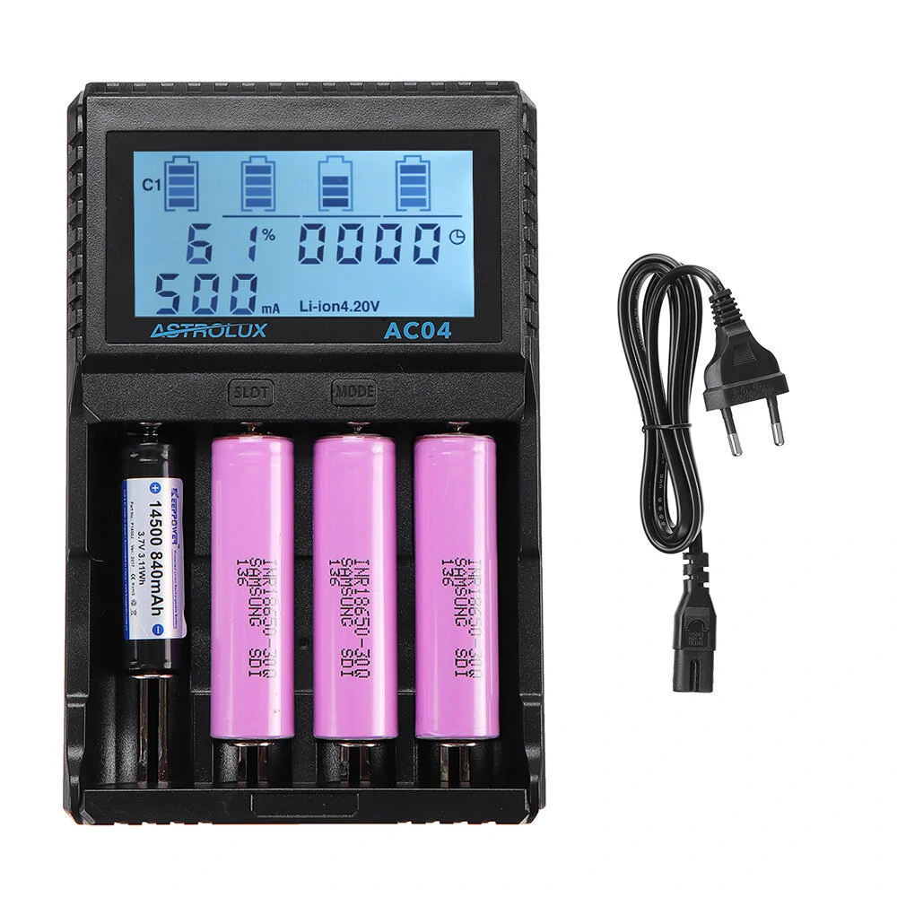 Astrolux® AC04 LCD Display AC/DC Smart Intelligent Universal Li-ion NiMH Flashlight Battery Charger For 18650 26650 21700 AA AAA Battery - EU Plug