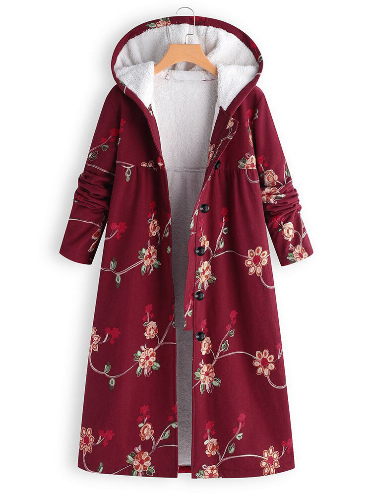 Plus size floral print fleece hooded long coats Sale - Banggood.com ...