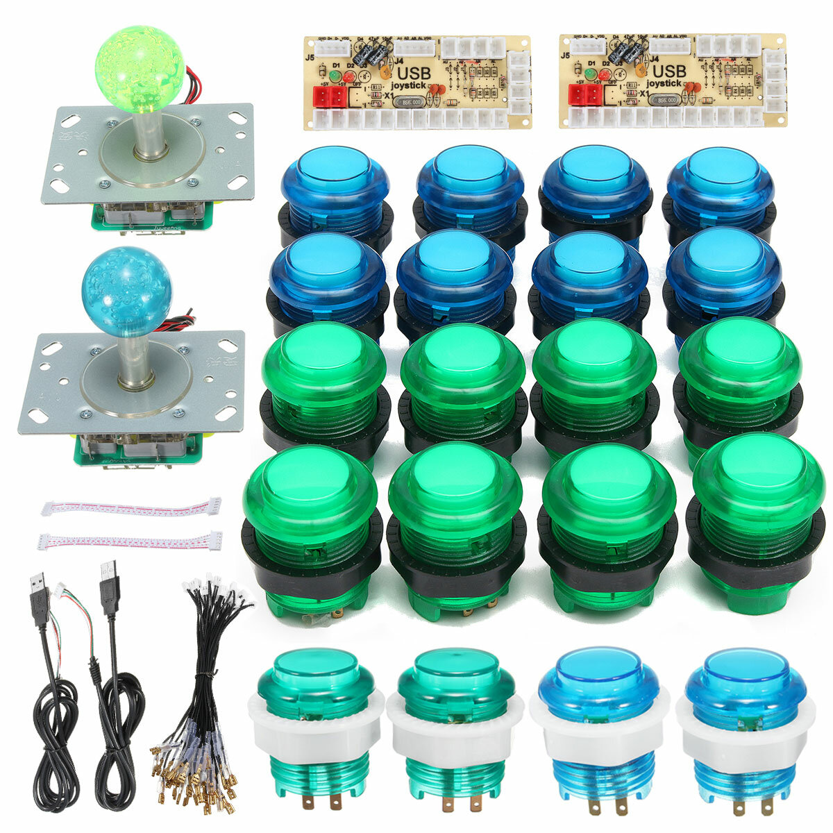 

DIY джойстик аркадные наборы 20 LED аркада Кнопки + 2 джойстика + 2 USB-кодировщика комплект + кабели набор деталей арка