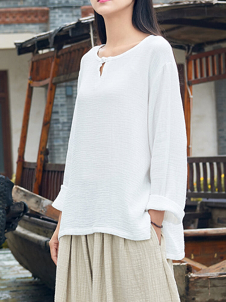Solid Frog Round Neck Loose Casual Long Sleeve Blouse