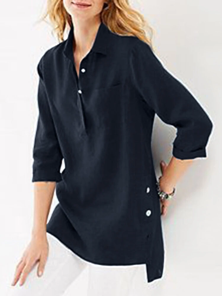 Solid High low Pocket Button Half Placket 3 4 Sleeve Blouse