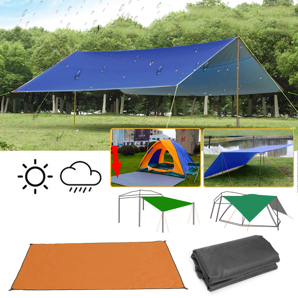 300x300cm Εξωτερική κατασκήνωση σκηνή σκίαστρο Rain Sun UV Beach Canopy Awning Shelter Beach Picnic Mat Ground Pad Tent Sunshade
