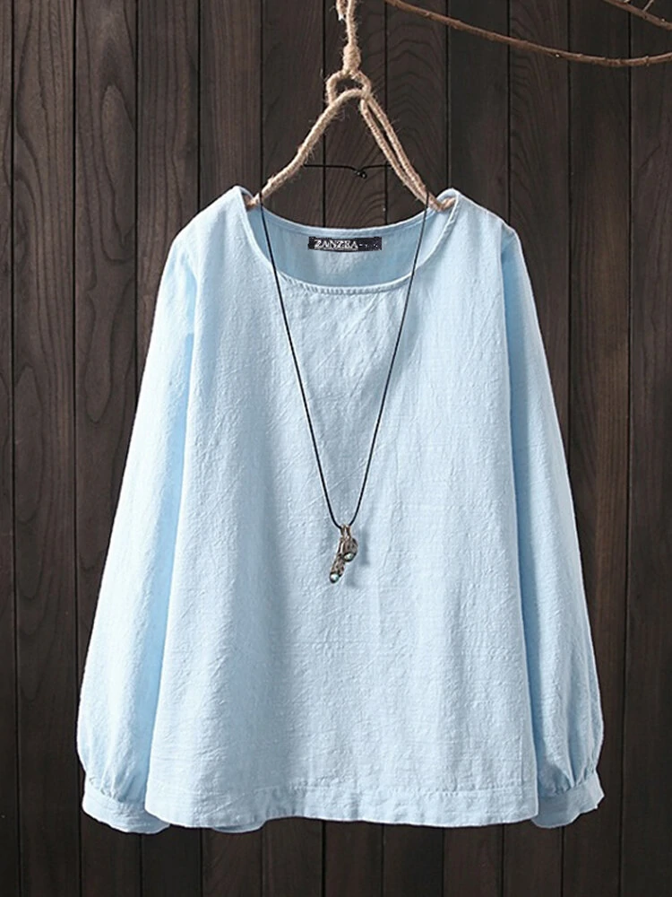 Women long sleeve crew neck casual solid cotton blouse