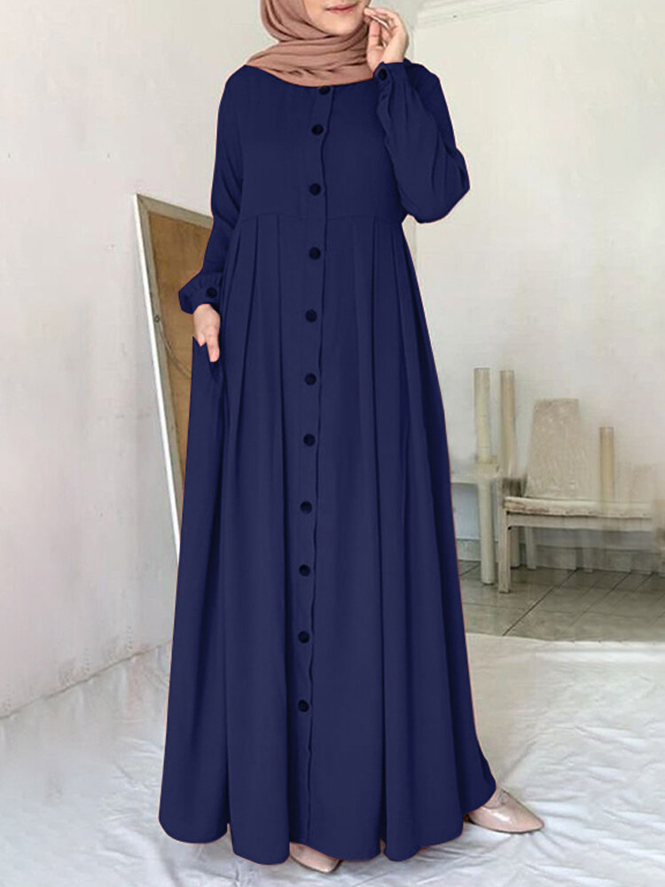 Women Solid Color Button Down Front O-Neck PleatedPuff Sleeve Maxi Dress With Pocket