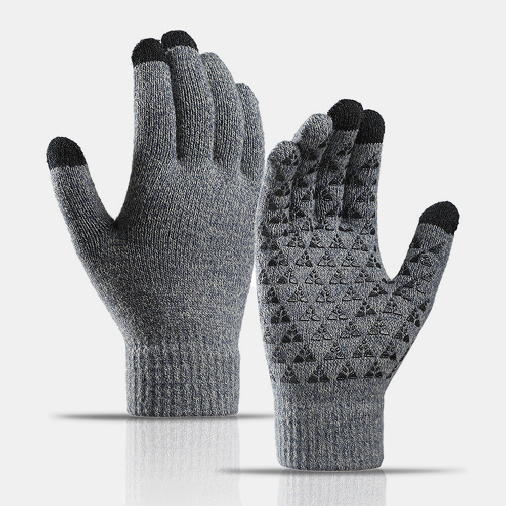 Unisex Three-finger Touch-screen Palm Triangle Silicone Non-slip Pattern Knitted Gloves Plus Velvet Thicken Soft Winter