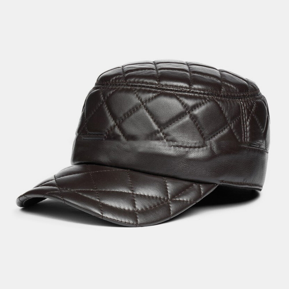

Men Sheepskin Casual Warm Flat Top Cap Military Cap Stripe Plaid Pattern Adjustable Army Cap Cadet Hat