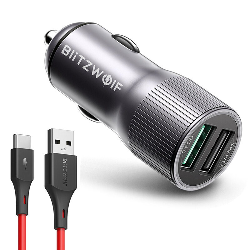 

BlitzWolf® BW-SD2 30W QC3.0 Car Charger + BW-TC15 3A USB Type-C Red Cable for iPhone 12 11 XR X for Samsung Galaxy Note