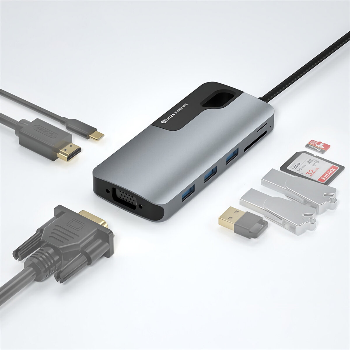 

Biaze KZ10 8-in-1 Type-C Док-станция USB-C в HDMI-совместимый конвертер VGA 4K USB3.0 Концентратор TF / SD Card Reader P