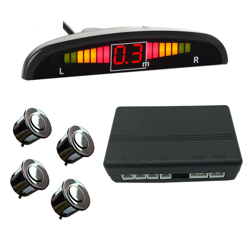 12V Car LED Parking Sensor Kit 4 Sensors 22mm Reverse Radar Sound Alert Indicator System Black