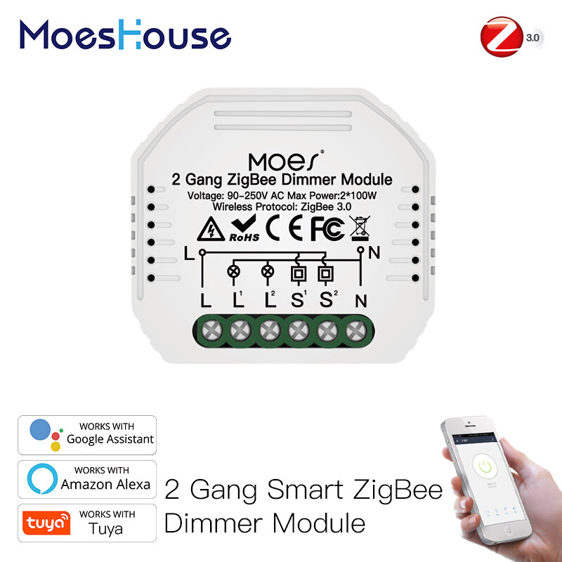 

MoesHouse Mini DIY Tuya ZigBee3.0 Smart 2 Gang Light Dimmer Switch Module Hub Required Smart Life Alexa Google Home Voic