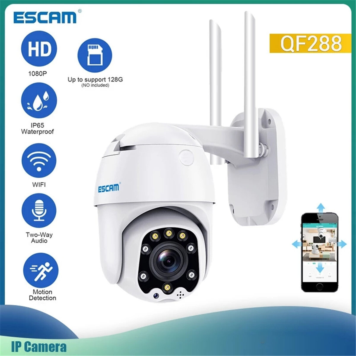 

ESCAM QF288 1080P Pan/Tilt/8X Zoom Security Camera Two Way Audio AI Humanoid Detection Cloud Storage Waterproof WiFi IP