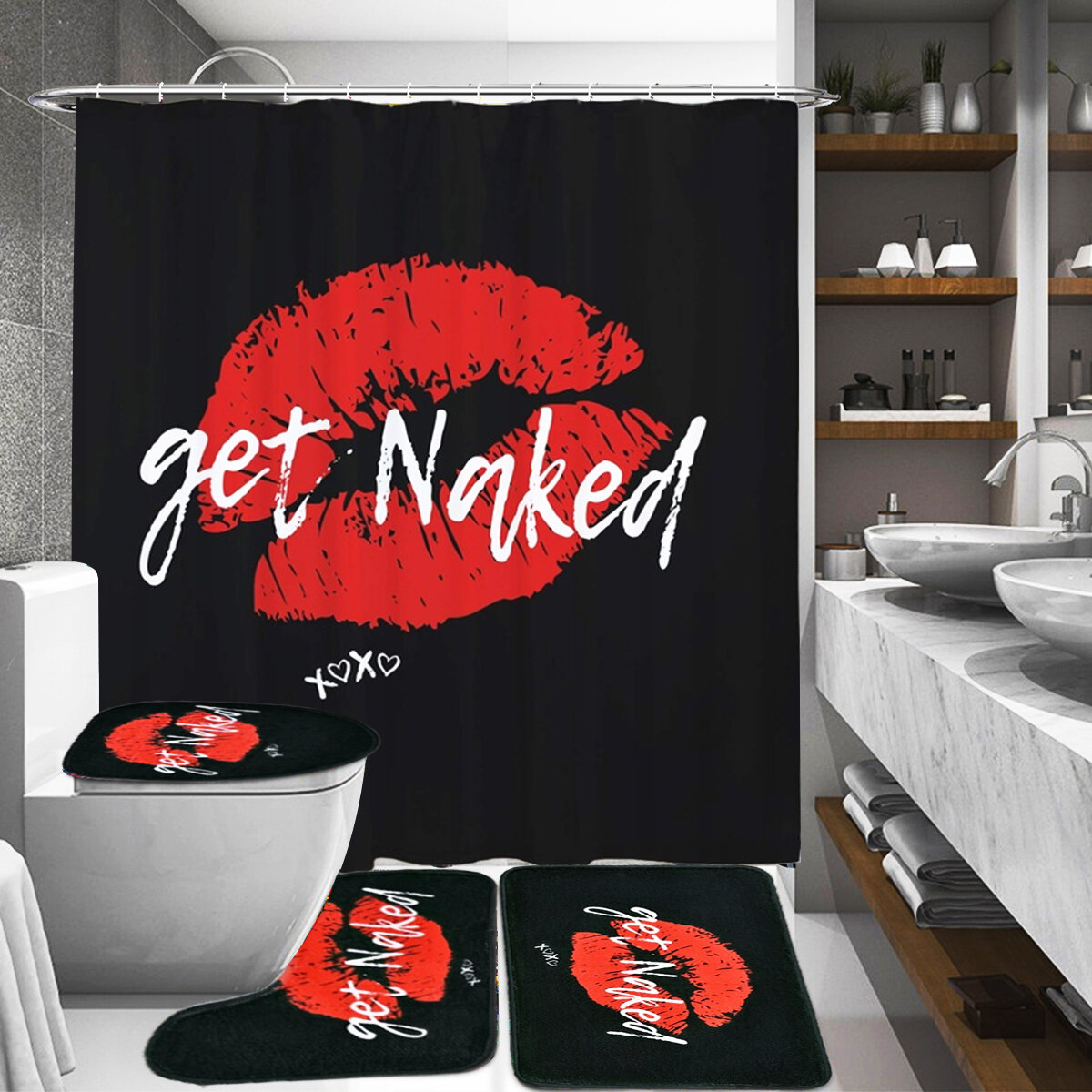 Get Naked Printing Badkamer Douchegordijn Set Wc Cover Mat Badkamer Antislip Mat Tapijt Kit